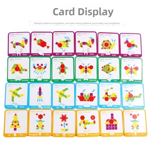 Educational geometric puzzle cards showing animals and vehicles with difficulty ratings