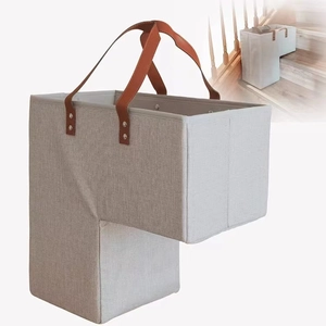 L-Shaped Stair Storage Basket Fabric Foldable Staircase Organizer With PU Leather Handles Modern Home Step Bin