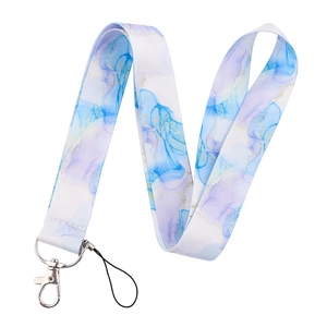 Close-up of marble pattern lanyard with blue-purple ink texture and silver metal clasp