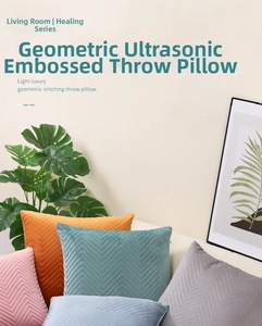 Detail of velvet pillow covers with geometric V-shaped ultrasonic embossing in multiple colors