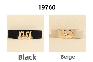 Detail of black and beige elastic belts featuring interlocking gold geometric buckles