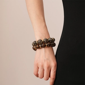Vintage leopard print acrylic beaded stretch bracelets with gold-tone spacers for women