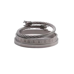 Punk style stainless steel bracelet set with crown charm and Roman numeral engraving