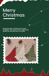 Detail of handcrafted macrame Christmas tree ornaments in red, cream, and green colors
