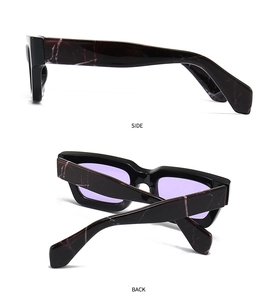 Detailed side and back view of irregular polygon sunglasses with dark marble frame and purple lenses