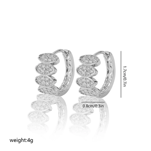 Close-up of silver hoop earrings featuring four marquise zirconia stones with dimensions