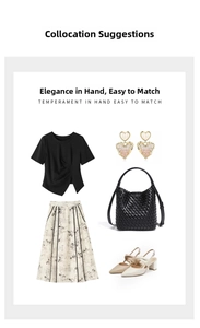 Chic woven bucket bag paired with elegant floral skirt and black pleated top for summer style