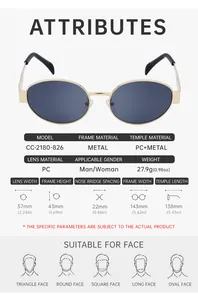 Detailed size guide table for round metal frame sunglasses with precise lens dimensions