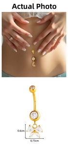 Detail of titanium belly ring featuring a zircon butterfly pendant and size measurements