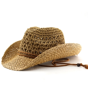 Vintage western cowboy straw hat with breathable hollow weave and adjustable chin strap