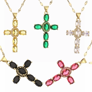 Fashion Copper Zirconia Cross Pendant Necklace Colorful Inlaid Cross Jewelry For Women Men Elegant Daily Commute Party Accessories