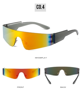Detailed views of rimless sports sunglasses with orange gradient coating and wide temples
