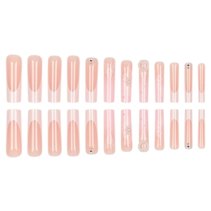 Faux ongles cercueil extra longs avec dégradé rose, pointes french, perles et papillon