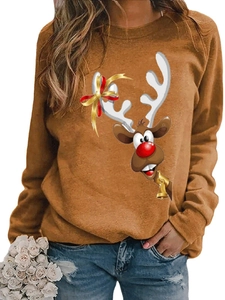 Close-up of a brown Christmas sweatshirt featuring a reindeer with a red nose and golden bell