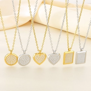Geometric Heart Round Square Pendant Necklace Stainless Steel Pavé Rhinestone Luxury Fashion Jewelry For Women Men