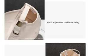 Detail of adjustable metal buckle and inner cotton wash label on beige baseball cap