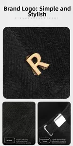 Detail of cotton baseball cap with gold metal R logo and adjustable metal buckle strap