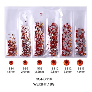Size chart for colorful flatback nail rhinestones from SS4 to SS16 with 18g total weight