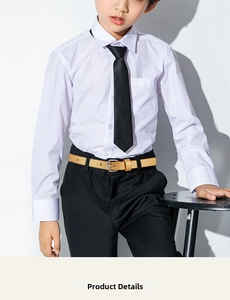 Detail of a boy's formal outfit with white shirt, black tie, and yellow faux leather belt