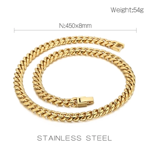 Detail showing weight 54g and size 450x8mm for golden stainless steel Cuban chain