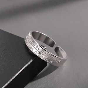Silver copper alloy open ring engraved with Hemingway quote Man can be destroyed but not defeated