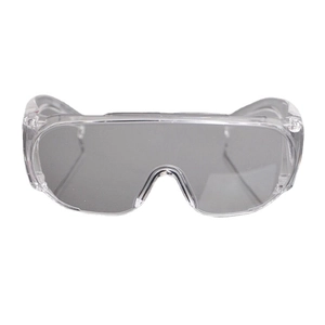 Front view of clear anti-fog safety goggles with wide side wings for impact protection
