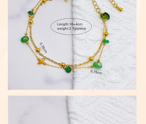 Detailed size view of bohemian double-layer gold chain bracelet with colorful stone beads