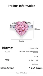 Macro detail of S925 sterling silver ring featuring a 12x12mm heart-shaped pink carbon diamond