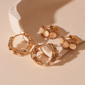 Créoles Vintage Pierre Oeil De Chat Alliage Plaqué Or Avec Zircon Clips Oreille Géométriques Femmes Tige En Acier