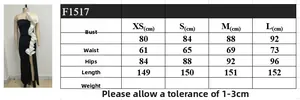 Detailed size guide table for black fishtail dress showing bust, waist, and hip dimensions