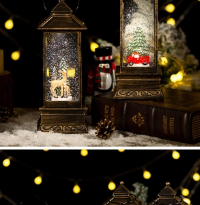 Detail of vintage bronze Christmas lantern featuring reindeer and snowy trees display