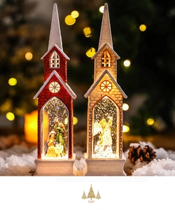 Christmas lantern set with lighted snow globe church and Nativity scene figures