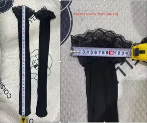 Detailed measurement of black peacock lace thigh-high stockings with anti-slip silicone dots