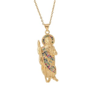Pendentif Saint Jude doré avec zircons colorés et collier religieux pour homme et femme