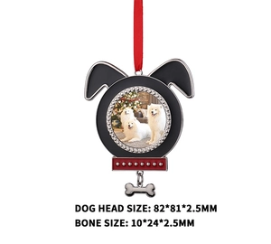 Custom dog head ornament with Samoyed photo, red ribbon, and bone tag dimensions 82x81mm