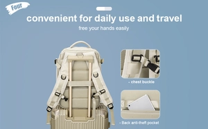 Detail view of beige travel backpack featuring luggage strap and anti-theft back pocket