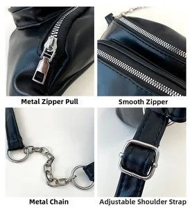 Detail of silver zipper, metal chain, and adjustable buckle on black leather crossbody bag