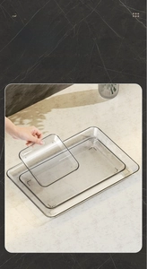 Nesting set of three transparent rectangular acrylic food trays with rounded corners