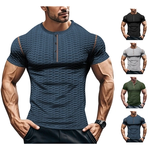 Maglietta Henley Da Uomo Slim Fit Tessuto Nido D'Ape Maniche Corte Traspirante Sportivo Testurizzato Casual