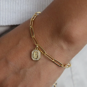 18k gold-plated paperclip chain bracelet with a square letter K cubic zirconia pendant