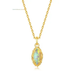 925 Sterling Silver Artificial Opal Moss Agate Pendant Necklace Geometric Marquise Retro Striped Lace Jewelry For Women