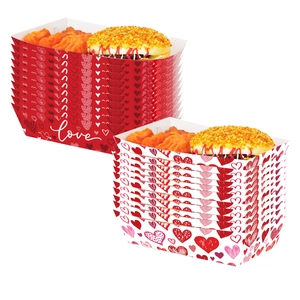 Detailed stacks of Valentine's Day heart-patterned disposable paper snack boat boxes