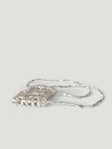 Detailed view of handcrafted silver metallic beaded crossbody bag with acrylic sequins