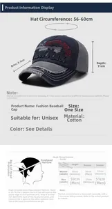 Size chart for washed cotton baseball cap with measurements and head circumference guide