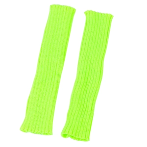 Detail view of fluorescent green knitted arm sleeves with textured ribbing and soft fabric