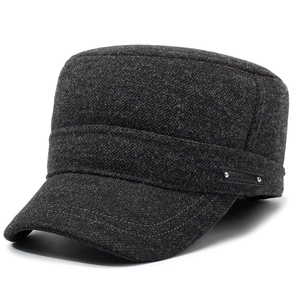 Men's winter flat top military hat in dark grey with warm ear protection and metal studs
