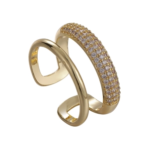 Minimalist double layer open ring in gold finish with micro-paved cubic zirconia stones