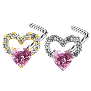 L-shaped heart nose studs with pink crystal and small diamonds in gold and silver finish