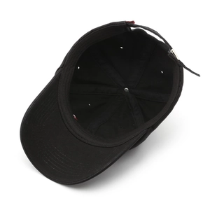 Black cotton baseball cap featuring embroidered letters and adjustable strap back view
