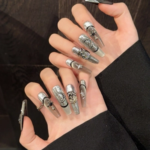Gothic silver mirror press-on nails in long coffin shape with 3D cross and moon charms